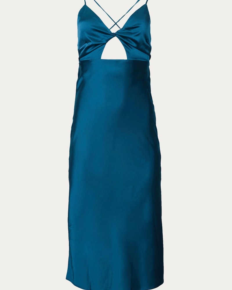Front of a size L Open-Back Cutout Satin Midi Dress in Deep Sea in Deep Sea by ENDLESS BLU.. | dia_product_style_image_id:334740
